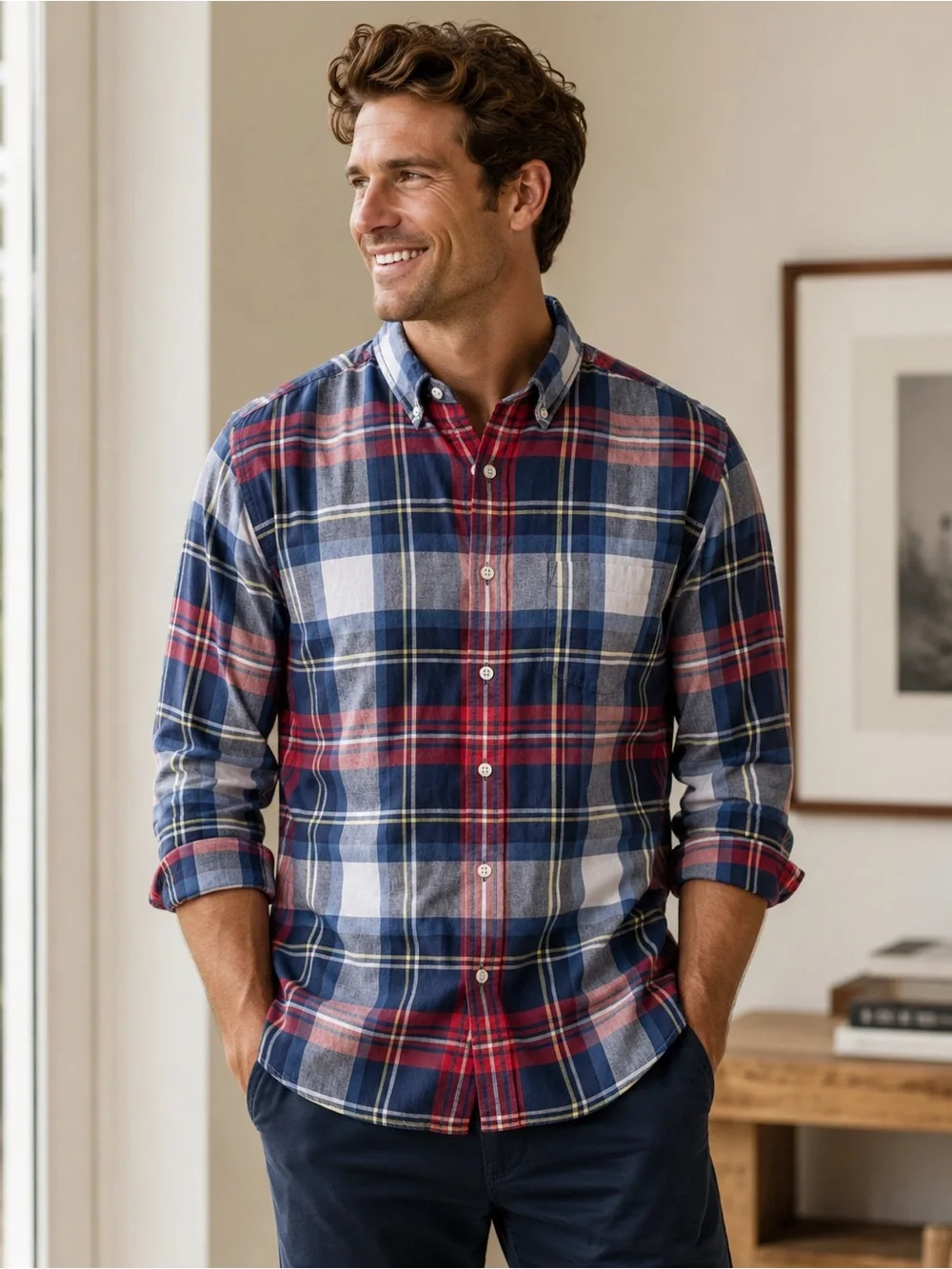 J Crew Men's Red and Blue Plaid Button-Down Shirt 100% Cotton Sz L
